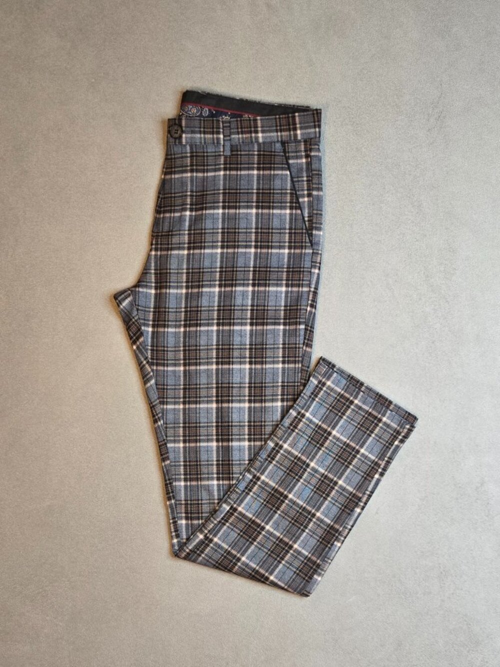 Suslo Couture Men's Plaid Pants Size 34x32 Grey Brown Slim Stretch Trousers